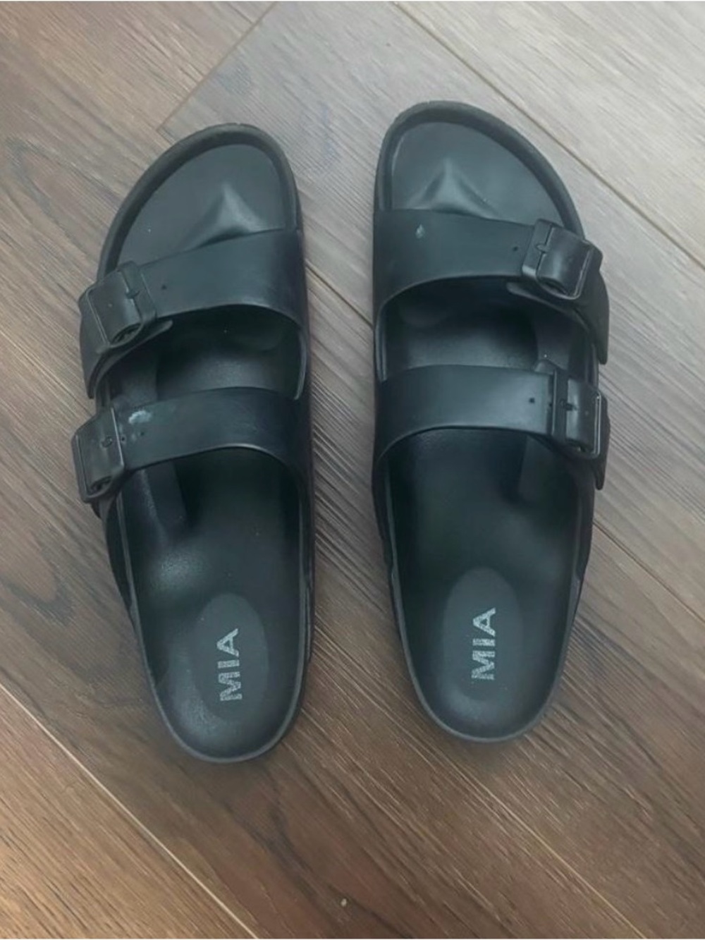 MIA Black Double-Buckle Slide Sandals